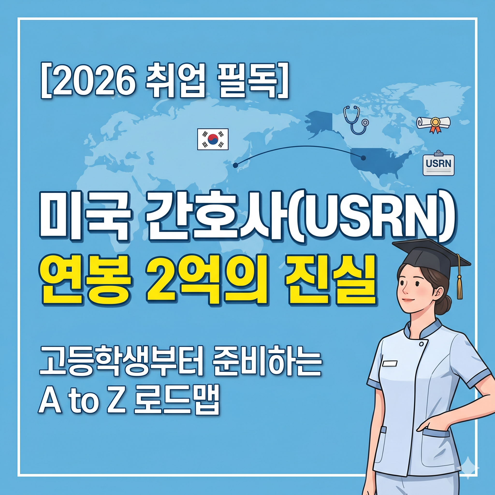 하늘색 배경의 정보성 썸네일 이미지. 상단에는 '[2026 취업 필독]'이라는 문구가 있고, 중앙에는 큰 글씨로 '미국 간호사(USRN) 연봉 2억의 진실'이라는 제목이 적혀 있다. 하단에는 '고등학생부터 준비하는 A to Z 로드맵'이라는 부제가 포함되어 있다. 배경에는 세계 지도 위로 한국과 미국이 연결된 선이 그려져 있으며, 오른쪽 하단에는 학사모를 쓰고 간호사 복장을 한 여성 캐릭터가 웃으며 서 있다.