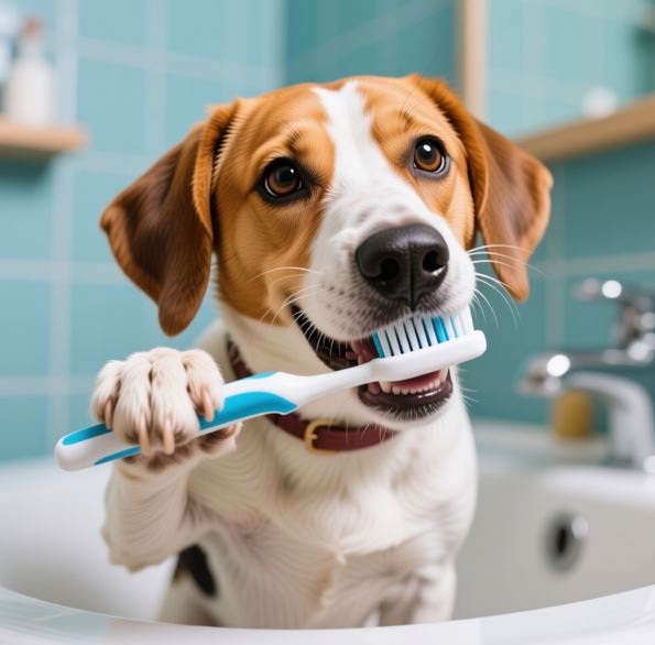강아지가 스스로 양치질 하는 해학적인 그림
