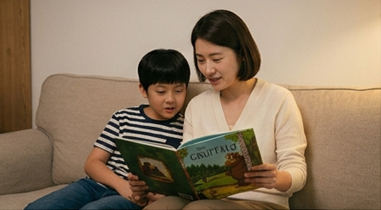엄마와 아이가 소파에 나란히 앉아 책을 함께 읽는 아늑한 저녁 장면