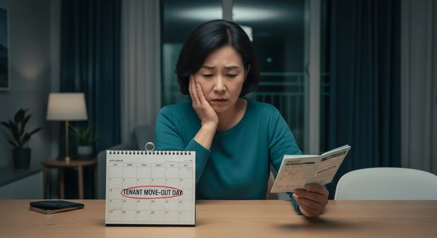 달력에 표시된 세입자 퇴실일을 보며, 전세퇴거자금대출 마련 때문에 불안해하는 한국인 집주인