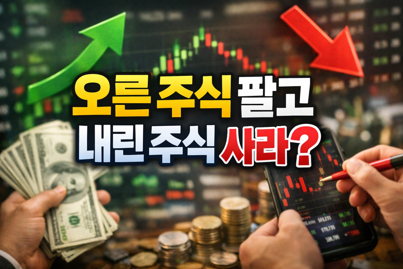 주가 차트 배경 위에 초록 상승 화살표와 빨간 하락 화살표가 있고, 현금과 주식 앱 화면을 든 손·동전이 보이며 ‘오른 주식 팔고 내린 주식 사라?’ 문구가 크게 들어간 이미지