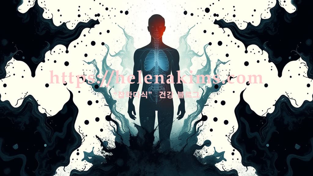 어둡고 혼탁한 추상적 노폐물들이 인간 실루엣에서 맑고 투명한 빛 에너지로 정화되며 활력을 되찾는 모습.