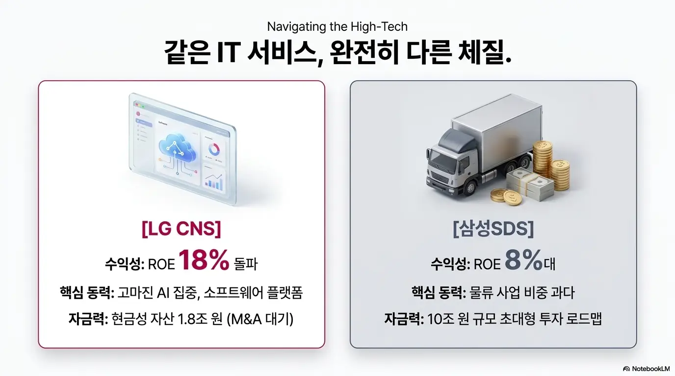 LG CNS 주가 전망: 같은 IT 서비스 기업이지만 체질이 다른 LG CNS와 삼성SDS를 비교한 이미지. LG CNS는 ROE 18퍼센트 돌파와 고마진 AI 집중&amp;#44; 삼성SDS는 ROE 8퍼센트대와 물류 비중 과다라는 차이를 시각적으로 전달하며&amp;#44; 블로그의 LG 씨엔에스와 삼성SDS 수익성 비교와 관련된 내용을 설명함