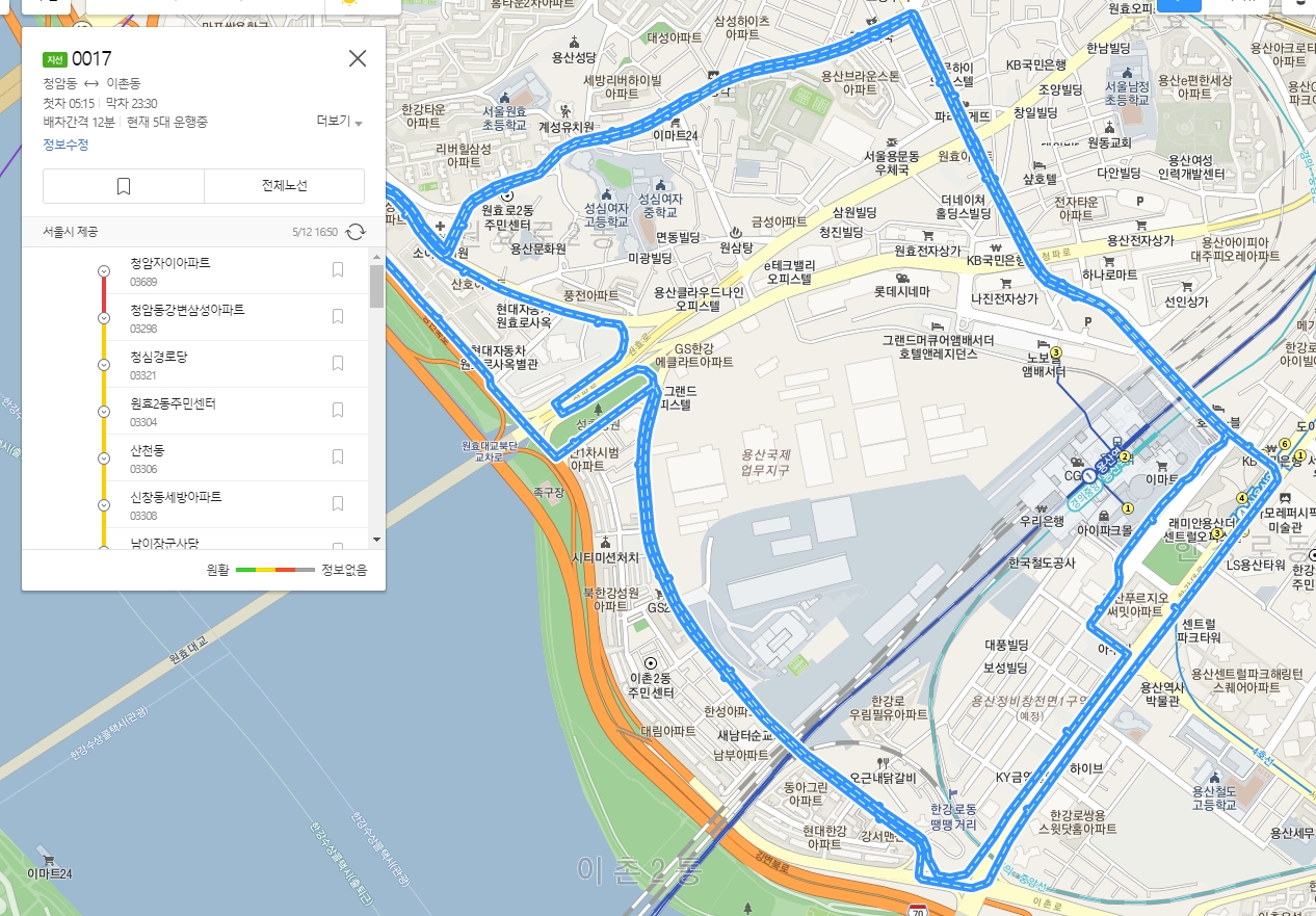 지도상에 표시된 버스 전체 운행 경로 확인
