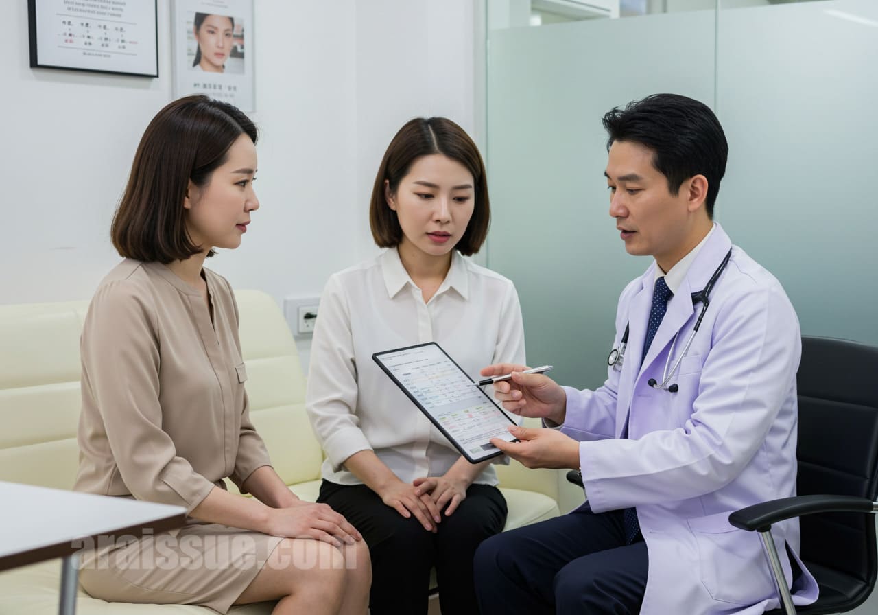 현대적인 병원에서 치료비를 논의하는 한국 여성과 의사. 수술비 항목을 설명하는 장면.