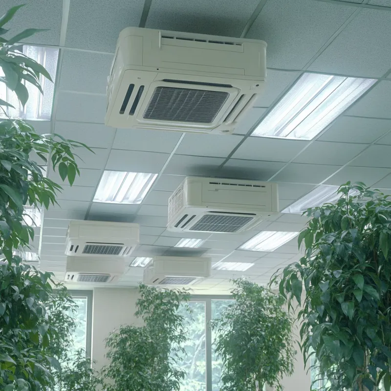 에너지를 절약하는 다양한 벽걸이 에어컨 모델들이 전시되어 있어요. 세련된 디자인과 현대적 건축 요소가 더욱 돋보입니다.