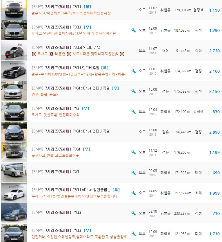 BMW 7시리즈 F01 등급 중고차 가격 : 430만원 ~ 3,190만원