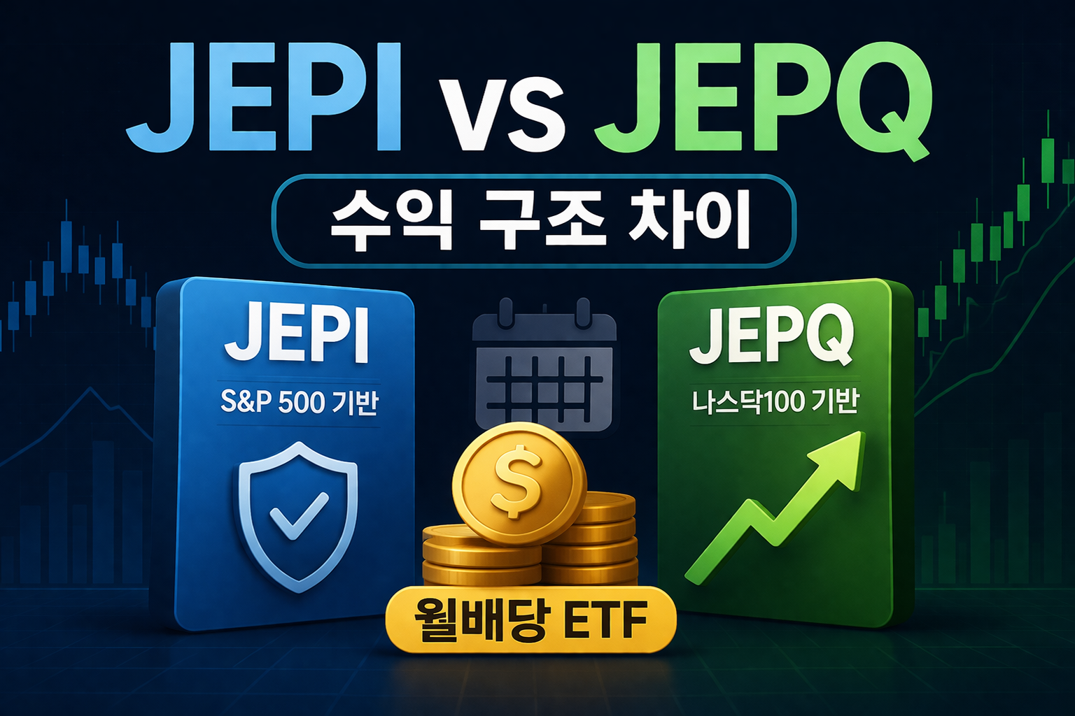 JEPI vs JEPQ 월배당 ETF 비교 이미지, JEPI는 S&P500 기반 안정형 커버드콜 ETF, JEPQ는 나스닥100 기반 성장형 커버드콜 ETF의 수익 구조 차이를 설명하는 썸네일