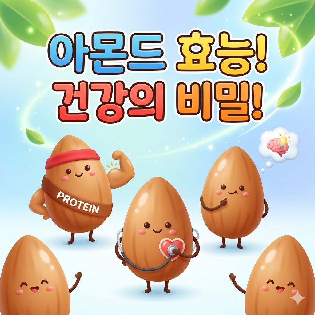 건강한 아몬드 효능을 상징하는 귀여운 3D 카툰 일러스트. 근육질의 아몬드, 하트 모양 청진기를 든 아몬드, 두뇌 생각 풍선을 가진 아몬드가 활기찬 모습으로 건강함을 표현하고 있습니다.