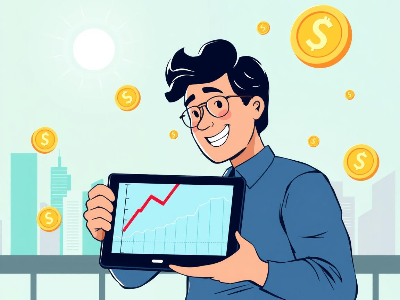 한 남자가 테블릿의 주가 상승 그래프를 보며 웃고있다