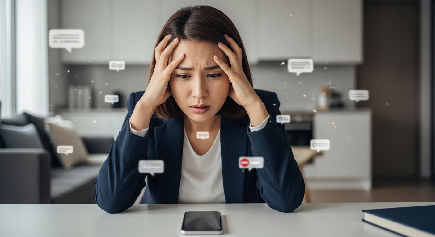 스마트폰 없이 디지털 금단 증상을 겪으며 힘들어하는 한국인 직장인의 모습