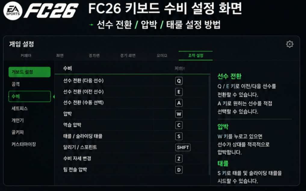 FC26 키보드 선수 전환 압박 태클 수비 설정 화면