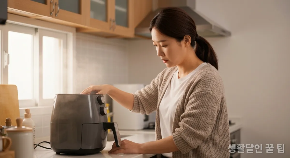 에어프라이어 전원을 뽑고 안전하게 청소를 준비하는 한국 여성