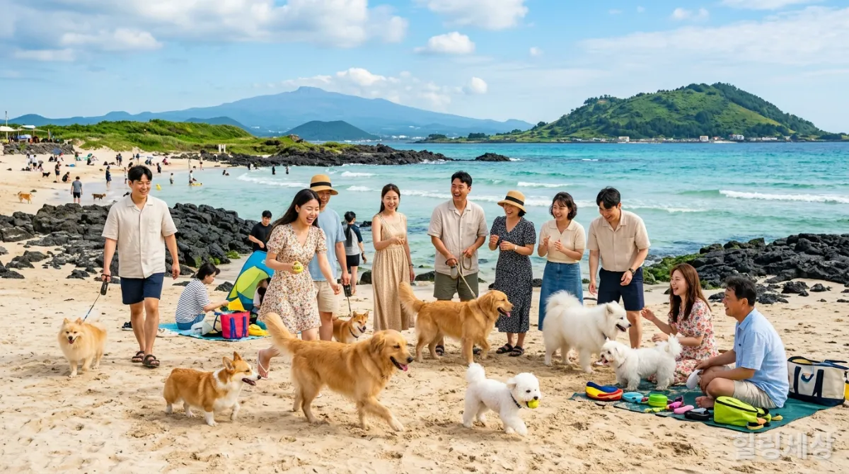 제주도 해변에서 반려동물과 함께 즐거운 시간을 보내는 사람들