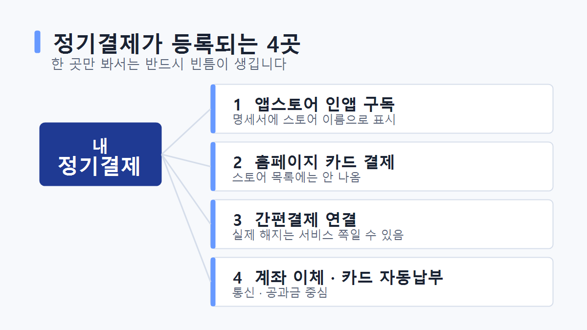 자동결제 확인 경로 앱스토어 카드사 간편결제 자동납부 4곳 구조도