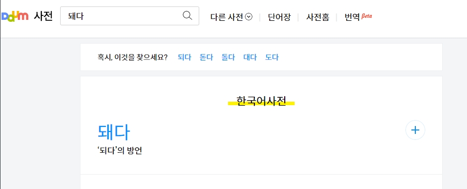 '돼다'가 '되다'의 잘못된 표현임을 알려주는 사전 검색 결과