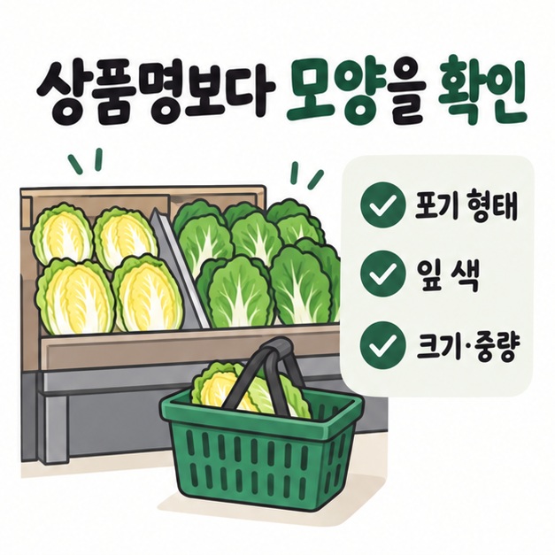 상품명보다 포기 형태와 잎 색, 크기와 중량을 확인하는 과정을 장바구니와 체크표시로 보여주는 카드
