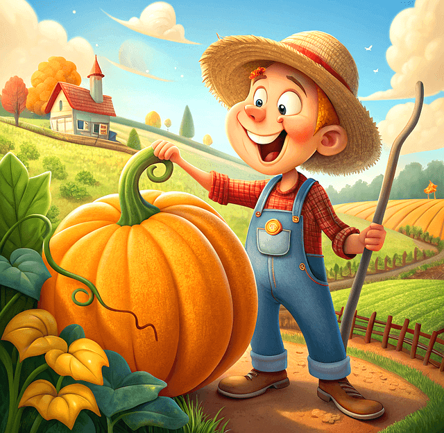 밀짚모자를 쓰고 청바지를 입은 남자 농부가 커다란 늙은 호박을 만지면서 웃고있다.