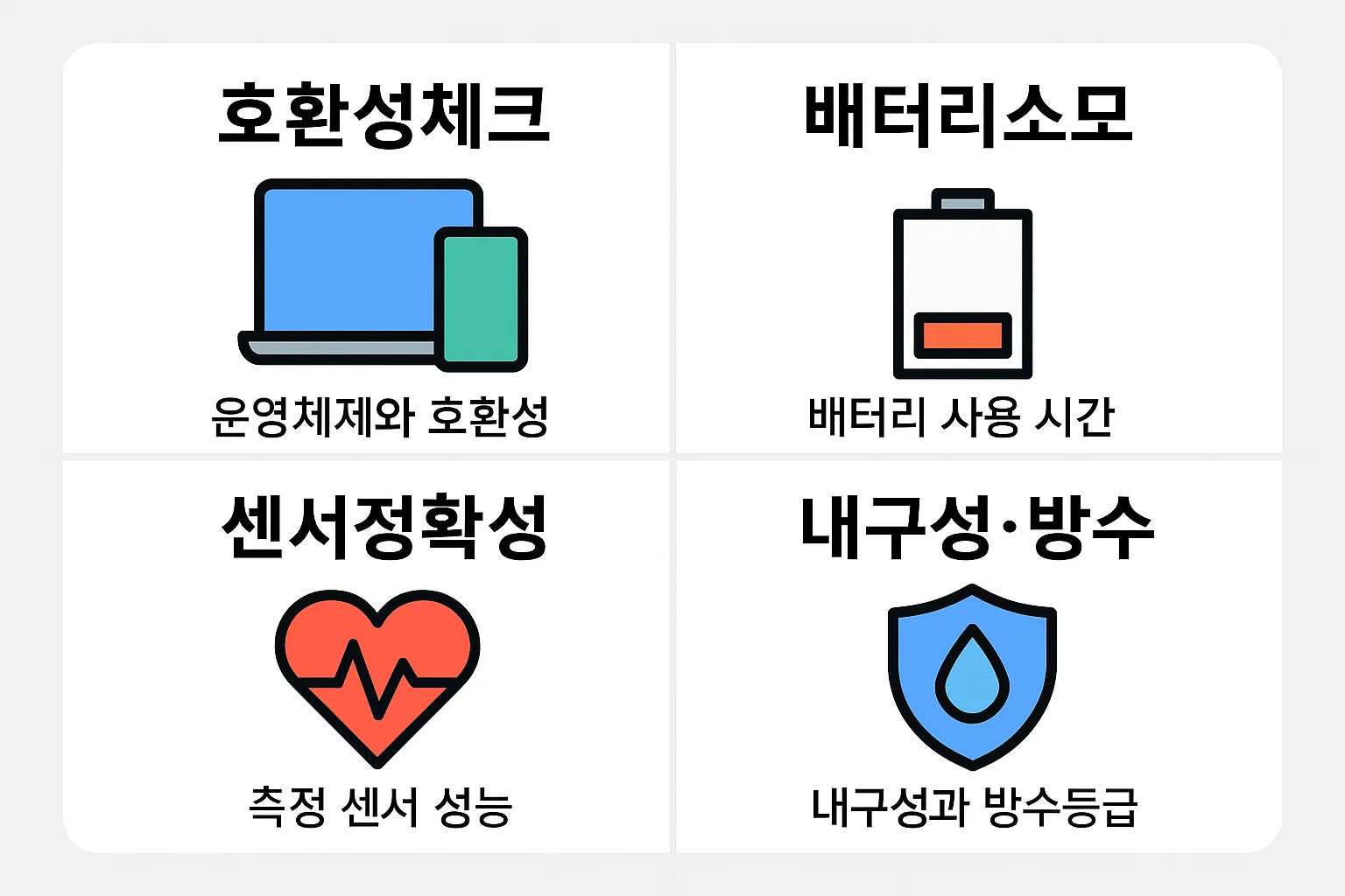 스마트워치 구매 시 고려해야 할 운영체제 호환성, 배터리 사용시간, 센서 정확성, 내구성 및 방수등급 등 필수 평가 요소를 구조적으로 정리해 올바른 스마트워치 선택을 돕는 체크리스트 인포그래픽입니다.
