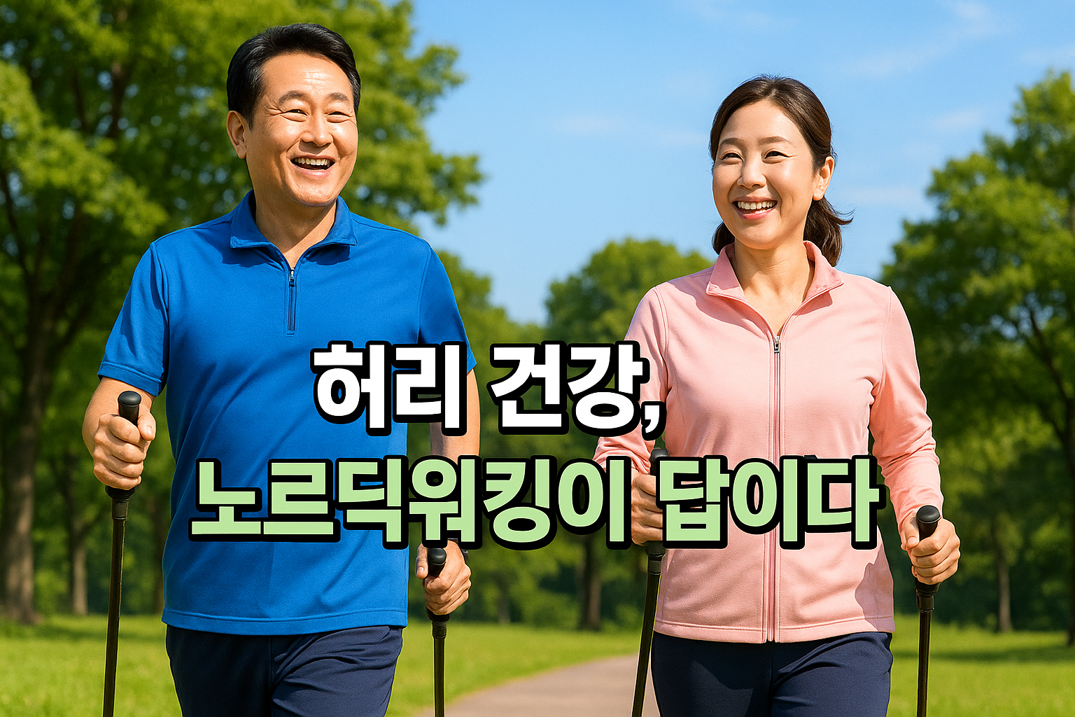 노르딕워킹을 즐기는 중년 부부