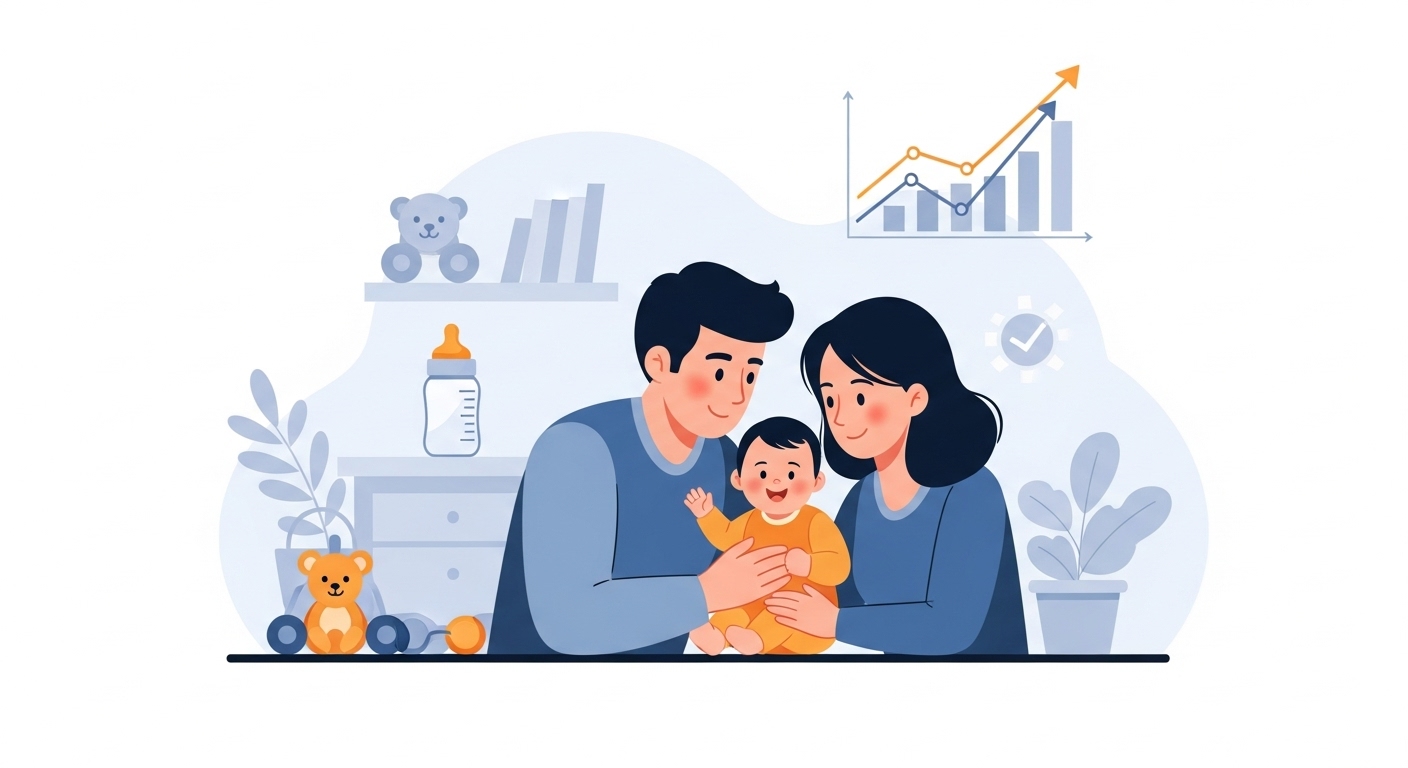 사랑스러운 아기와 부모가 함께하는 따뜻한 가정의 모습, 출산·보육수당과 자녀세액공제의 혜택을 상징하는 밝고 포근한 분위기.