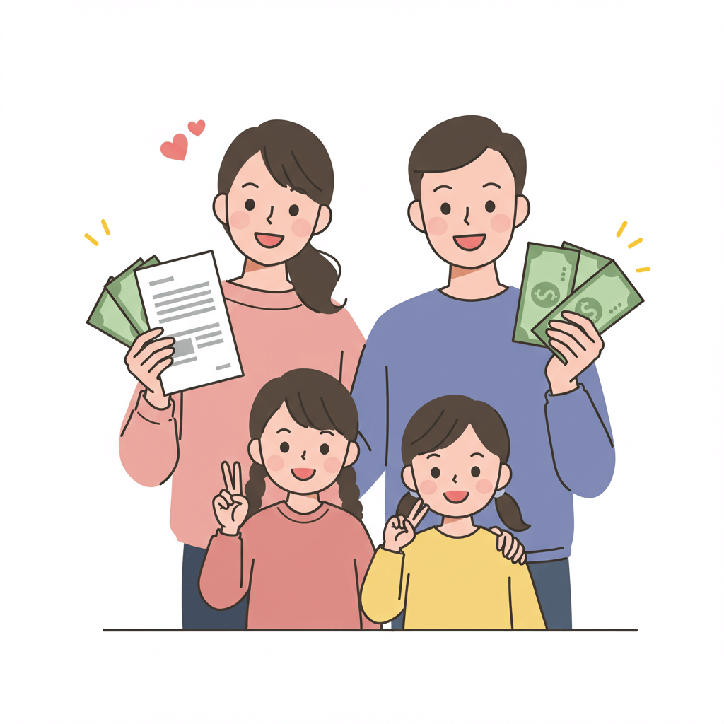 자녀장려금 지급 금액을 나타내는 서류와 돈을 들고 미소 짖는 부모와 두명의 여자아이들이 손가락 브이를 보이며 같이 웃고 있다