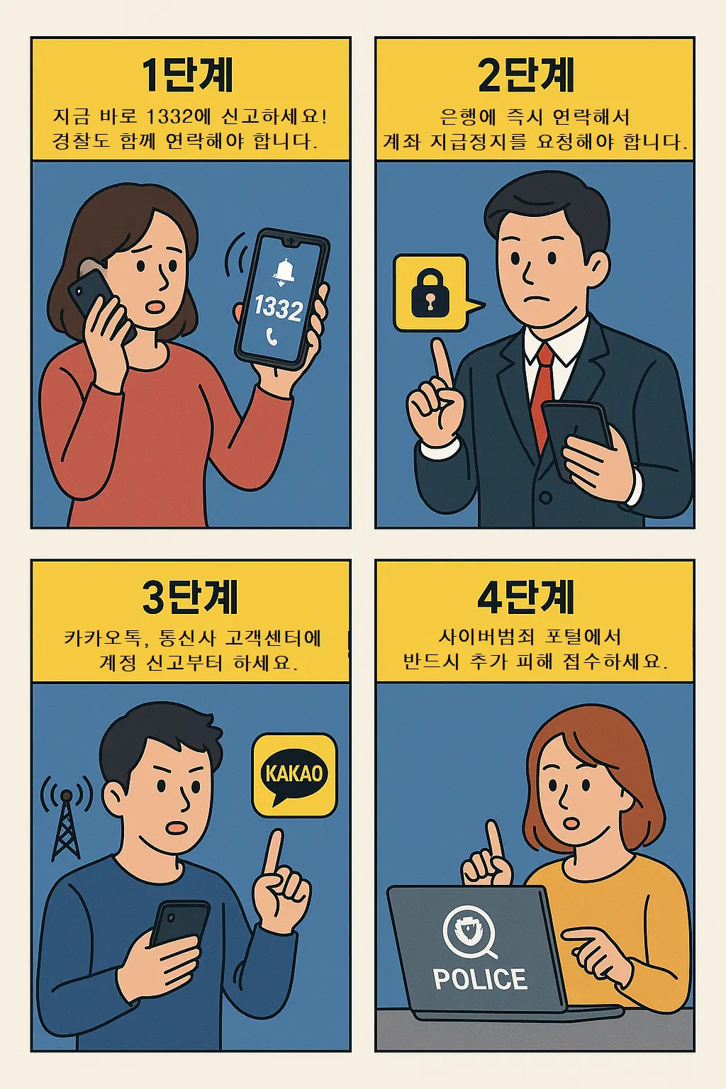 금융사기 피해 발생 시 즉시 실행해야 할 4단계 대응 절차를 설명하는 웹툰: 금융기관 신고, 계좌 지급정지, 통신사 및 SNS 신고, 사이버범죄 포털 접수를 순서대로 안내
