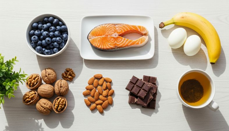 집중력 향상에 도움이 되는 두뇌 음식 블루베리 견과류 연어