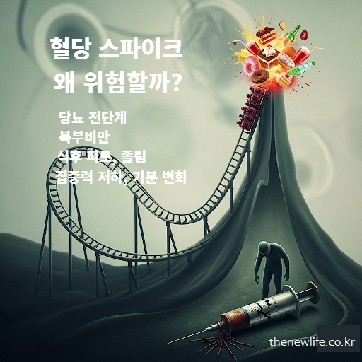 혈당 스파이크의 위험성 &ndash; 롤러코스터를 타는 음식 이미지와 당뇨, 복부비만, 피로, 집중력 저하 위험