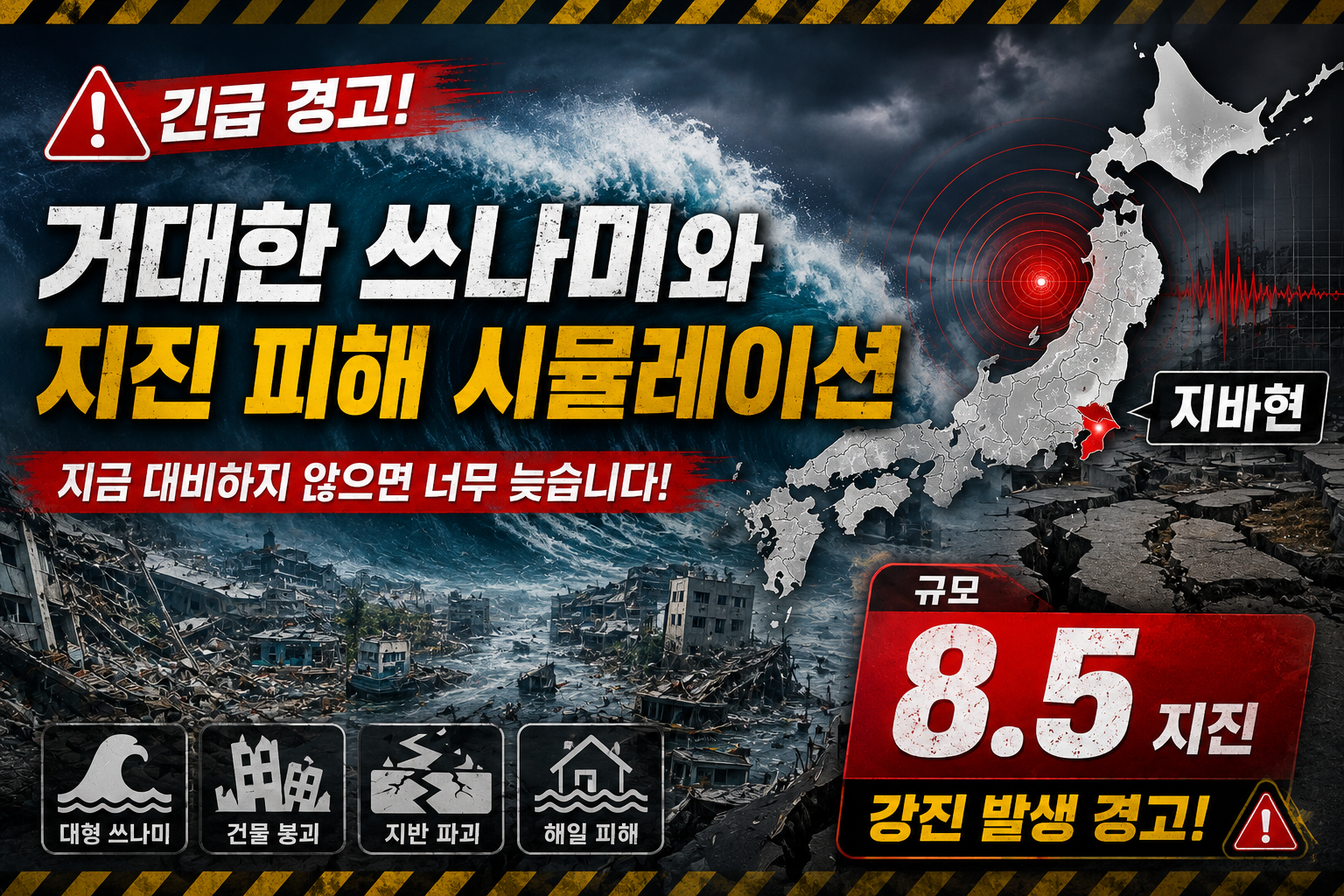 거대한 쓰나미와 지진 피해 현장, 일본 지바현 지도와 규모 8.5 강진 경고 요소가 함께 표현된 재난 대비 블로그 썸네일 이미지, 대형 해일과 건물 붕괴, 지반 파괴를 통해 지진·쓰나미 위험성을 강조한 경고형 그래픽