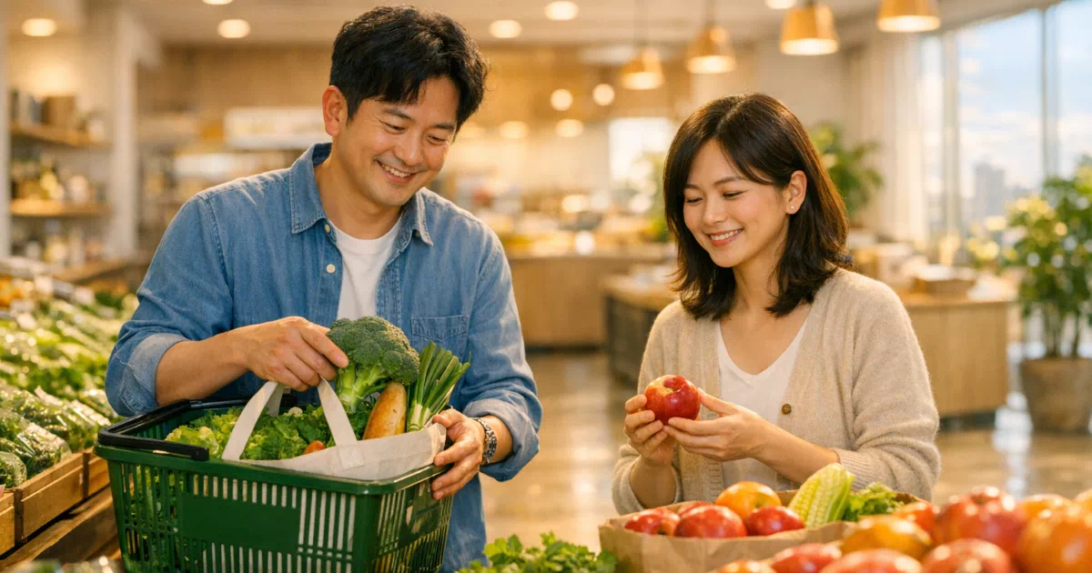 2026 고유가 피해지원금 신청방법 확인 후 생활비 부담 없이 마트에서 신선한 채소와 과일을 고르는 행복한 부부의 모습