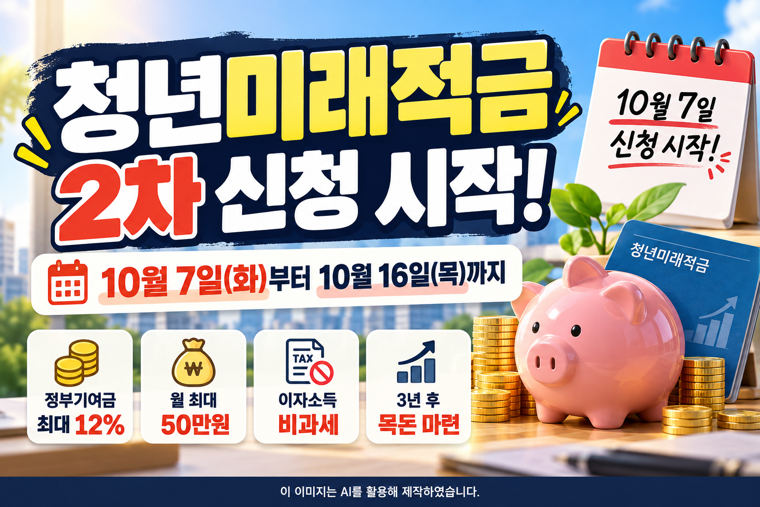 청년미래적금 2차 신청 10월 7일 시작, 정부기여금 최대 12%와 월 최대 50만원 납입 혜택 안내 이미지