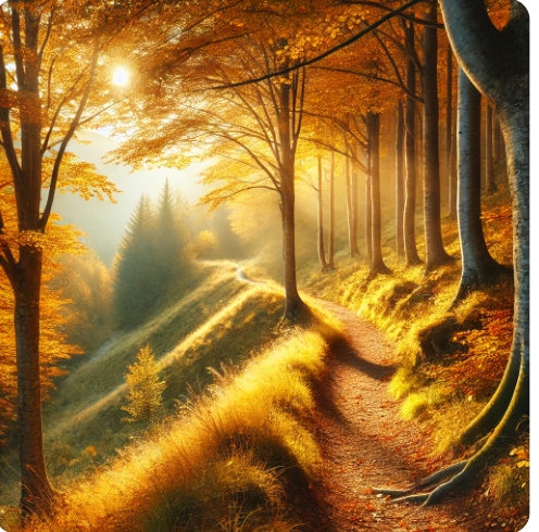 가을빛이 아름다운 산책로, 햇살이 부드럽게 비추는 숲길