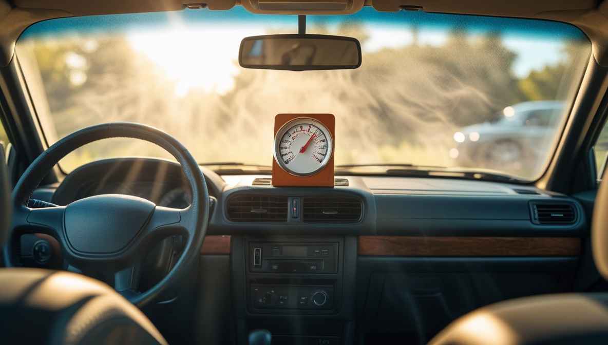 여름철 햇볕 아래 주차된 차량 내부 대시보드에 온도계가 놓여 있고, 온도가 80도를 가리키는 위험한 모습