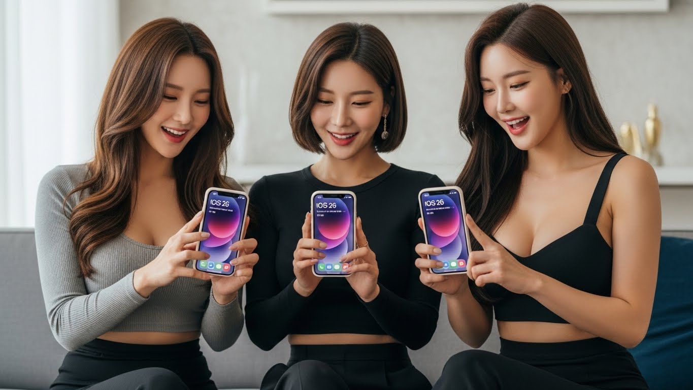 아이폰 화면을 보여주는 여성들