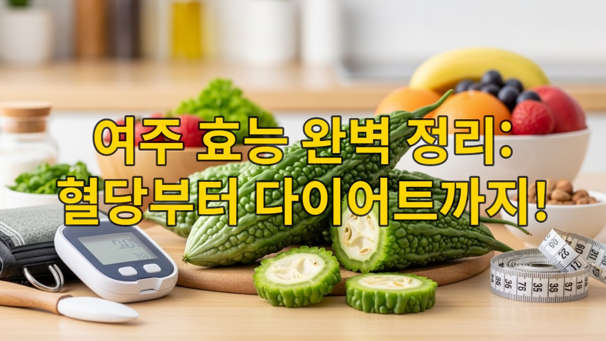 싱싱한 여주와 혈당 측정기, 줄자, 과일 등이 어우러진 건강하고 활력 넘치는 이미지. 혈당 관리와 다이어트에 좋은 여주의 효능을 시각적으로 나타냅니다.