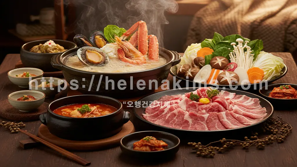 김이 모락모락 피어나는 따뜻한 겨울 보양식들이 정갈하게 차려진 식탁. 풍성한 해산물, 육류, 다채로운 채소들이 먹음직스럽게 어우러져 건강과 활력을 상징한 이미지.