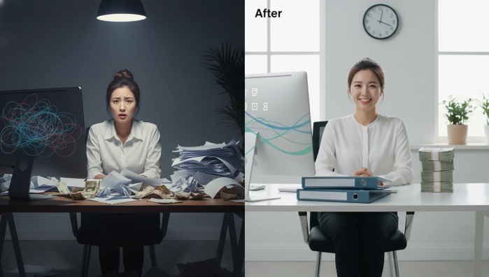 상생페이 심사 지연으로 서류 더미 속에서 혼란스러워하는 소상공인과, 모든 서류를 깔끔하게 정리하여 심사를 통과하고 안도하는 소상공인의 모습을 대조적으로 보여주는 이미지.