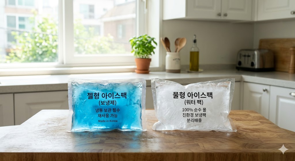부엌 상판 위에 젤형 아이스팩과 물형 아이스팩이 나란히 놓여 있는 모습. 자연광이 들어오는 밝은 주방 배경.
