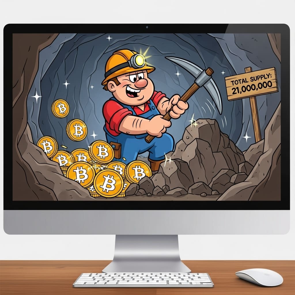 디지털 세상에서 비트코인을 채굴하는 광부