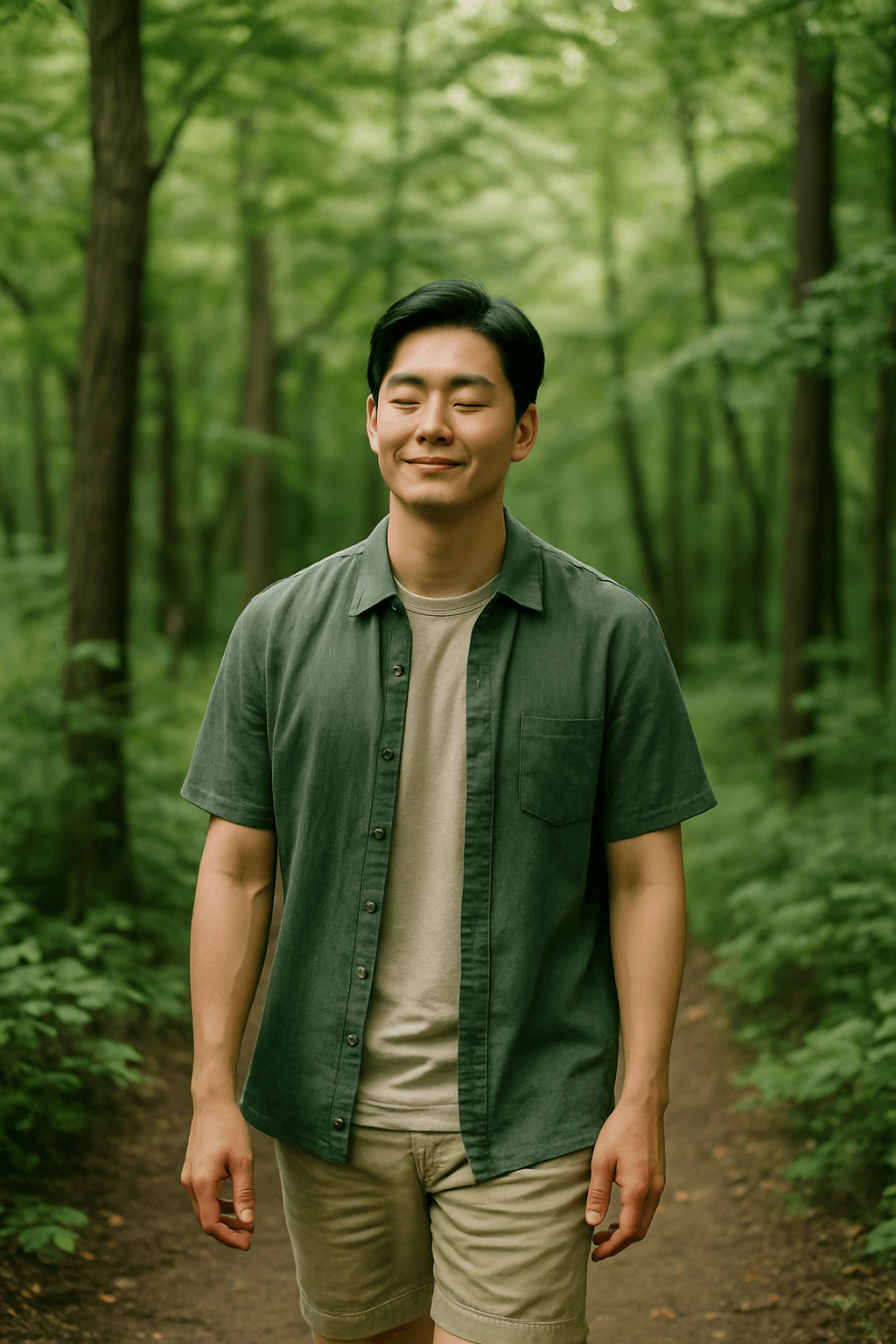 숲속 오솔길을 산책하며 편안한 미소를 짓고 있는 한국인 20대 남성의 모습. 자연 속에서 여유롭게 걷는 모습이 힐링과 만족감을 전한다.