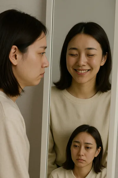 거울 속 웃는 얼굴과 현실의 우울한 얼굴