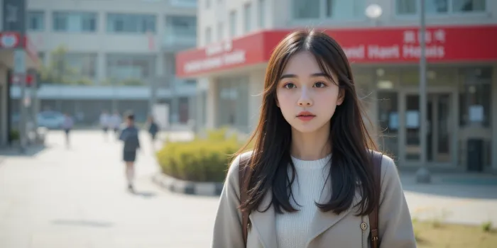 건물 앞에서 향기에 반응하는 감정적인 표정의 여성