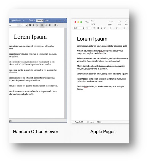 한컴오피스와 애플에서 많이 사용하는 앱인 한컴오피스 뷰어와 애플 Pages의 편집화면을 비교한 화면