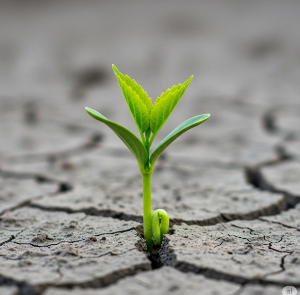 메마르고 갈라진 흙을 뚫고 작은 새싹 하나가 힘차게 돋아나 있는 모습. 작은 시작이 만들어낸 생명력과 희망적인 결과를 상징하는 이미지.