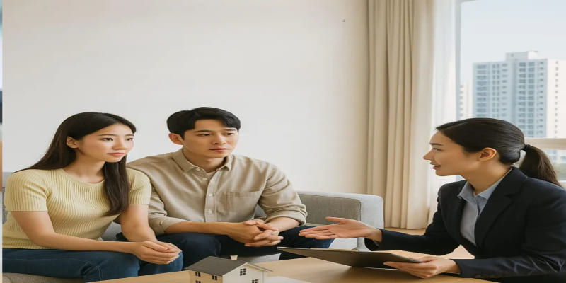 아파트를 배경으로 전세 상담을 받고 있는 청년부부와 여성 상담사의 모습