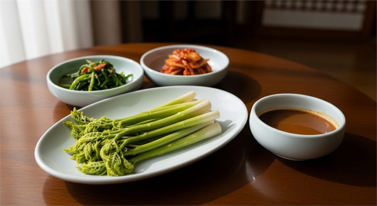 데친 땅두릅을 반찬으로 준비한 한국 가정식 장면