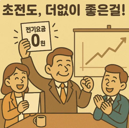 '초전도, 더없이 좋은걸!'이라는 문구가 강조된 풍자 일러스트 이미지. 회의실에서 CEO가 전기요금 0원이 적힌 고지서를 들고 환하게 웃고 있으며, 옆의 직원들은 박수치며 기뻐하는 모습. 초전도체의 실용화로 인해 기업 전력비가 사라지고 수익이 증가하는 미래를 유쾌하게 묘사함 (superconductivity, zero energy cost, business benefit)