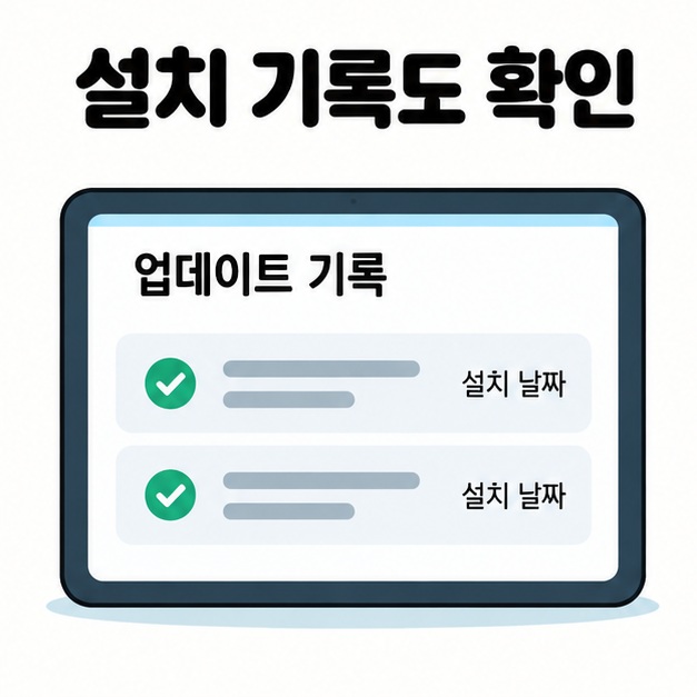설치 기록도 확인이라는 제목 아래 업데이트 기록 화면에 확인 표시가 있는 두 항목과 설치 날짜 레이블을 표시한 이미지