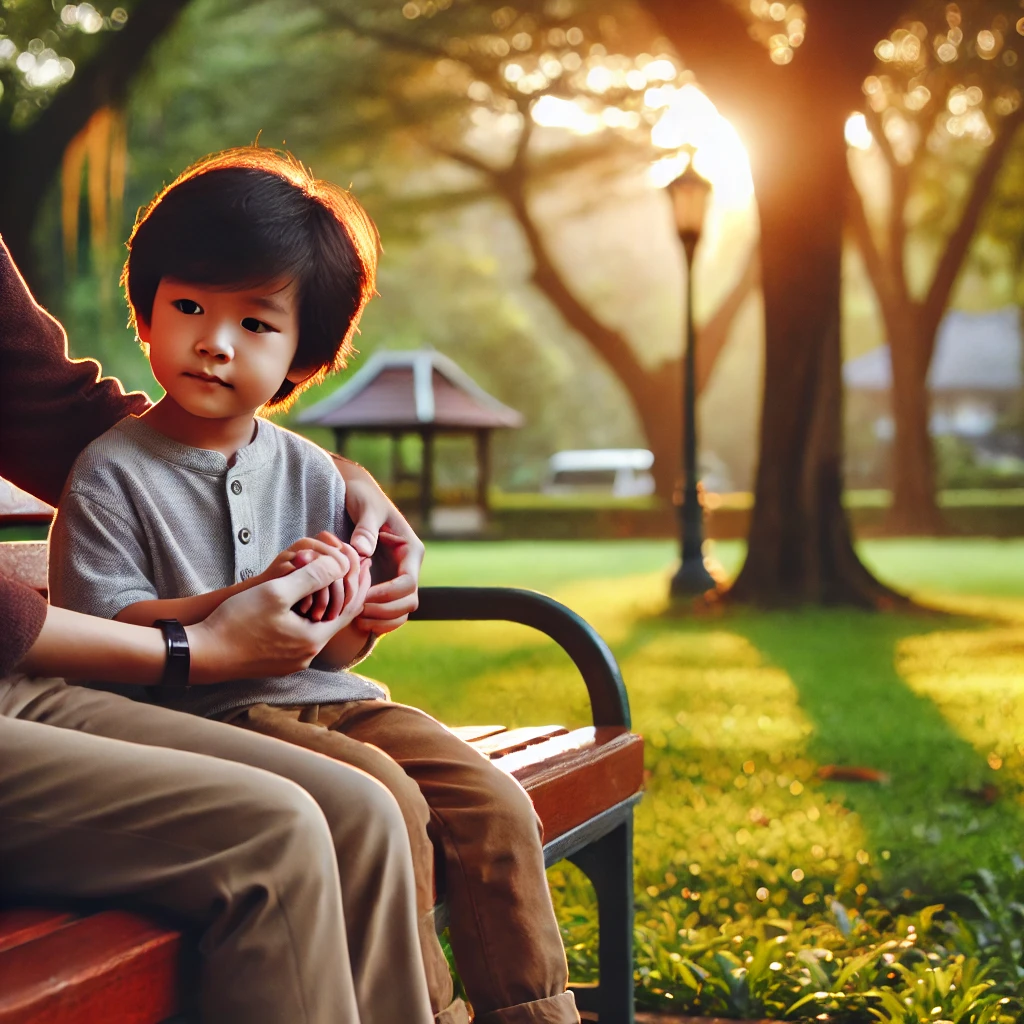 6살 정도 된 한국 아이가 공원 벤치에 앉아 부모님의 손을 꼭 잡고 안심된 표정을 짓고 있는 모습, 고요한 공원의 배경과 따뜻한 저녁 햇빛